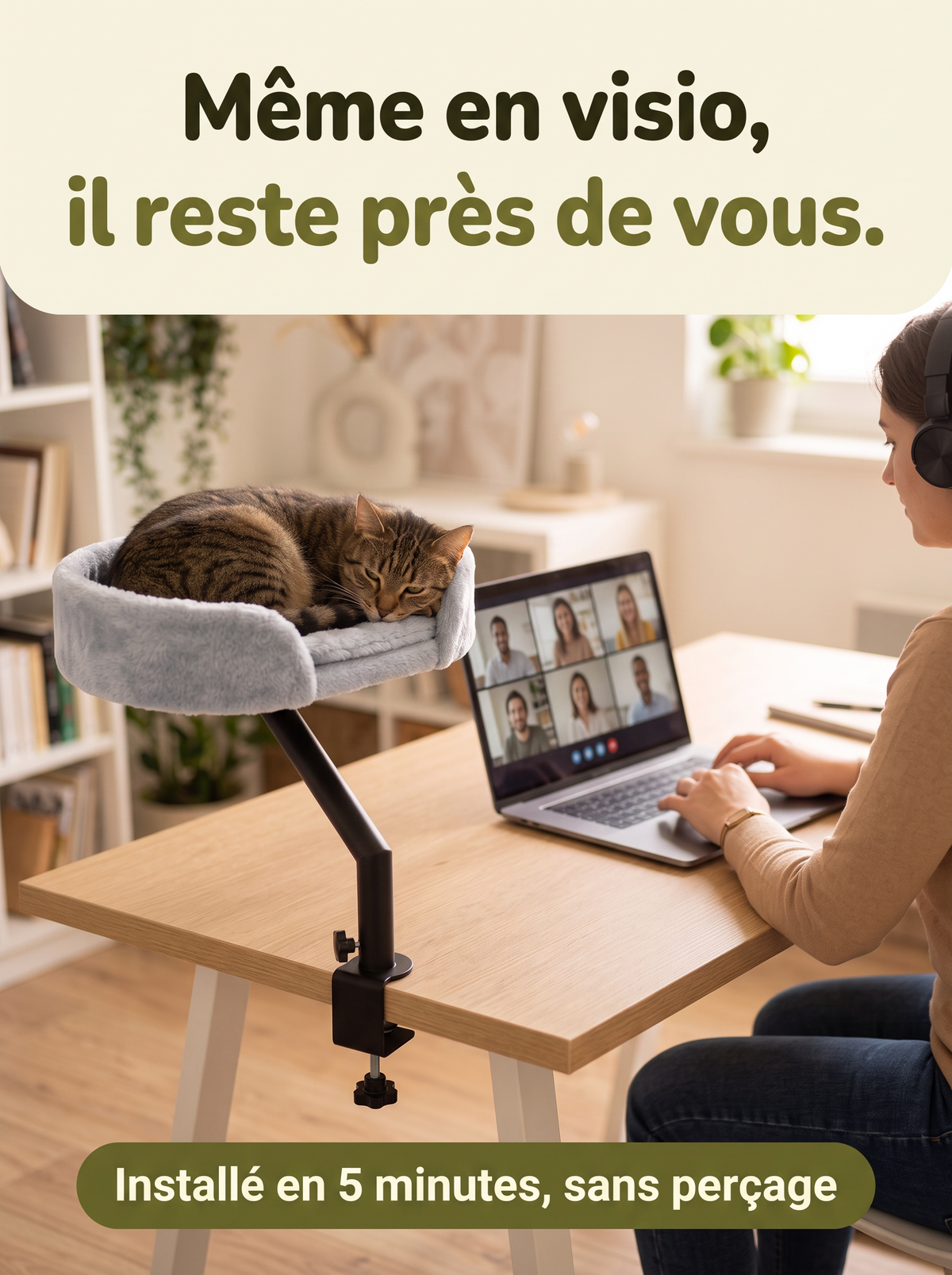 Télétravailleur en visio avec son chat endormi dans Le Secrétaire, clavier libre